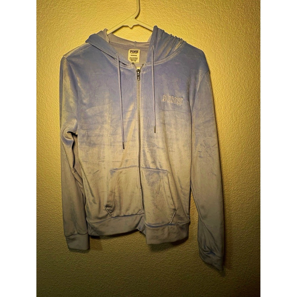 PINK Victoria's Secret Women's S Blue Velour Full Zip Hoodie Pockets Logo